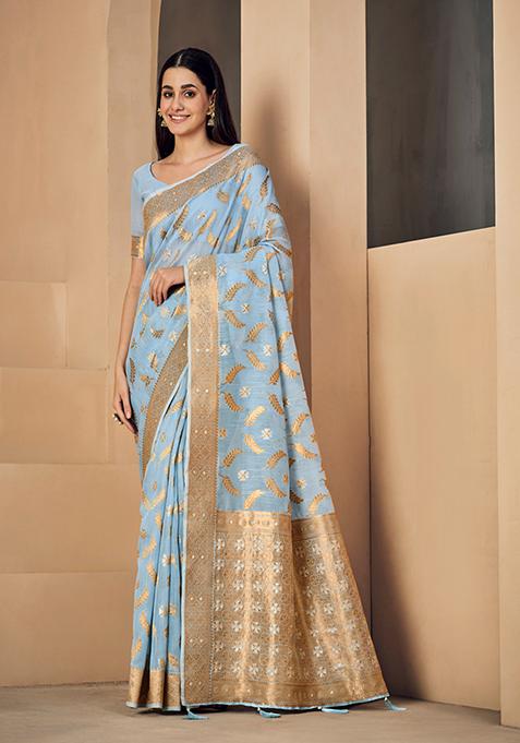 Sky Blue Zari Woven Design Linen Saree Set