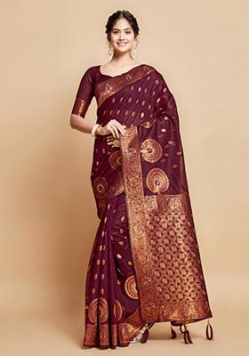 Wine Zari Woven Design Linen Saree Set