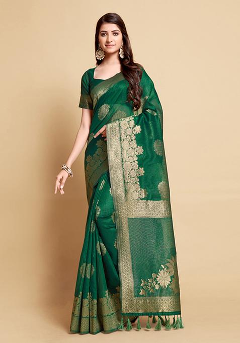 Dark Green Zari Woven Design Linen Saree Set