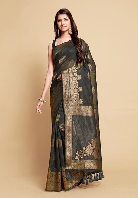 Grey Zari Woven Design Linen Saree Set