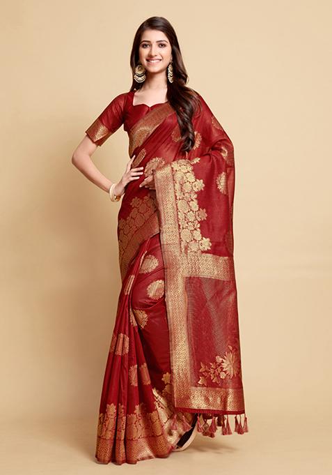 Red Zari Woven Design Linen Saree Set