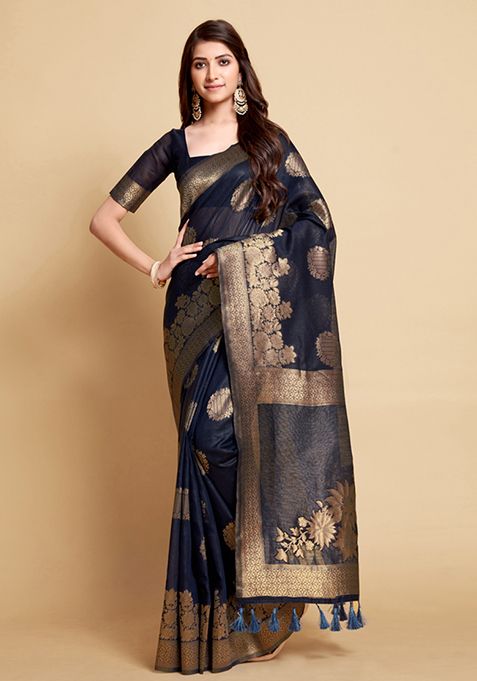 Navy Blue Zari Woven Design Linen Saree Set