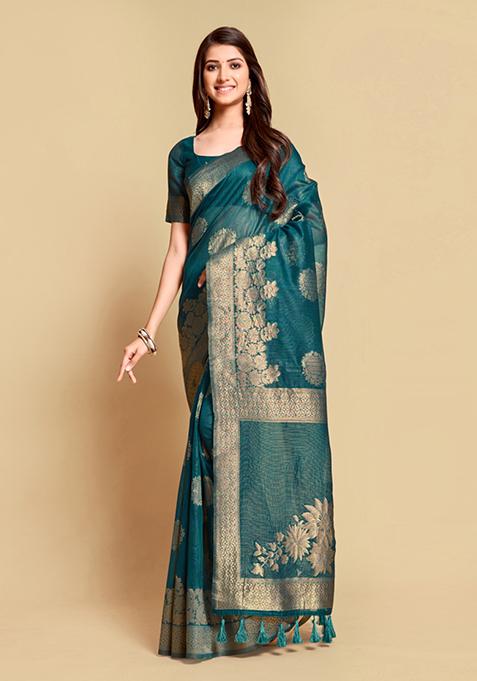 Turquoise Zari Woven Design Linen Saree Set