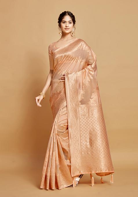 Peach Zari Woven Design Linen Saree Set