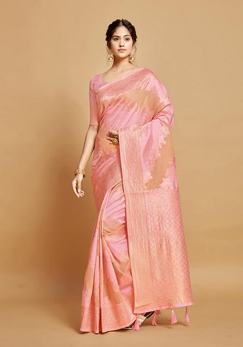 Pink Zari Woven Design Linen Saree Set