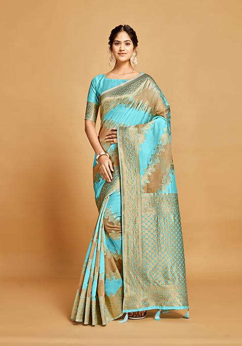 Blue Zari Woven Design Linen Saree Set