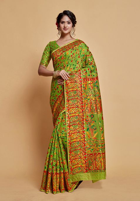 Green Floral Woven Design Modal Silk Saree Set