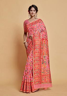Pink Floral Woven Design Modal Silk Saree Set