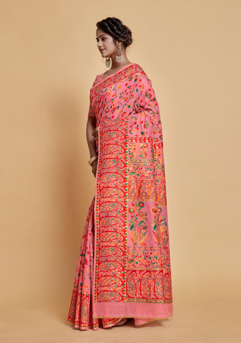 Pink Floral Woven Design Modal Silk Saree Set