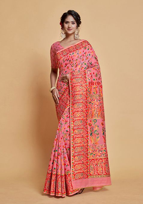 Pink Floral Woven Design Modal Silk Saree Set