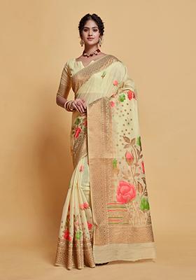 Beige Floral Woven Design Modal Silk Saree Set
