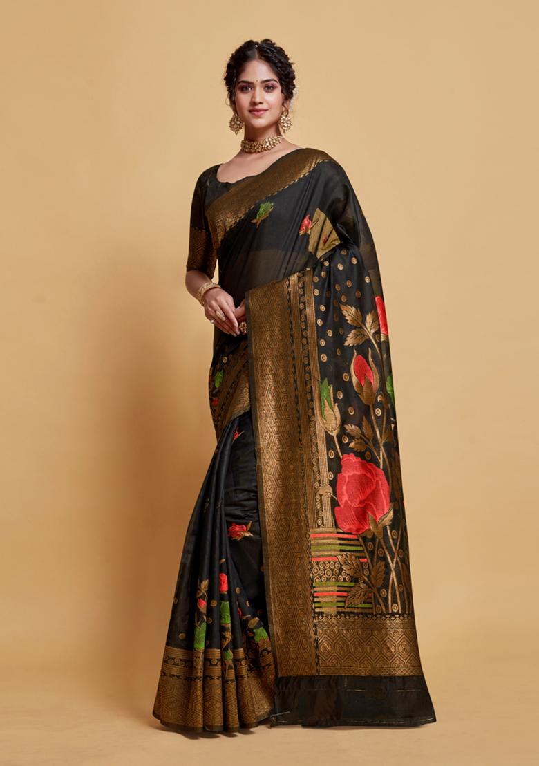 Women Modal black popular beautifully floral woven saree.