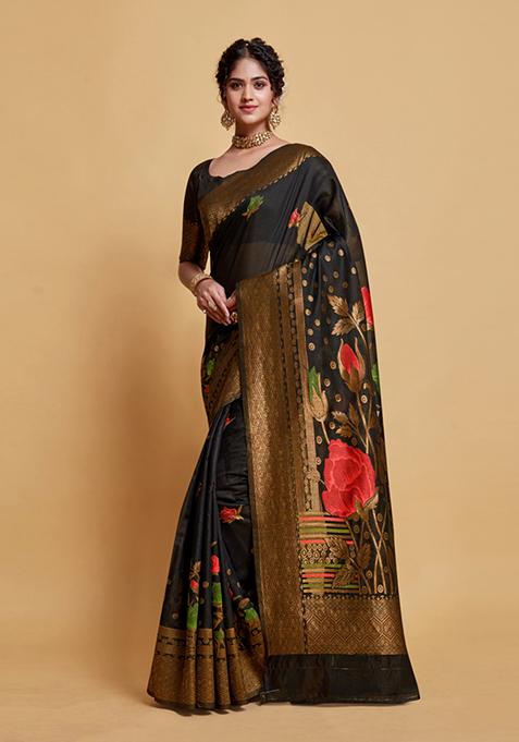 Black Floral Woven Design Modal Silk Saree Set