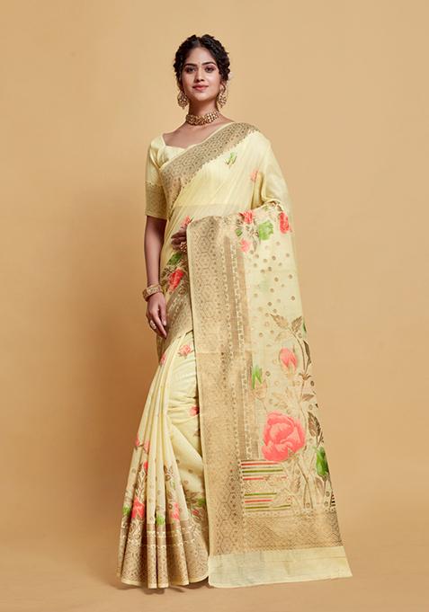 Off White Floral Woven Design Modal Silk Saree Set