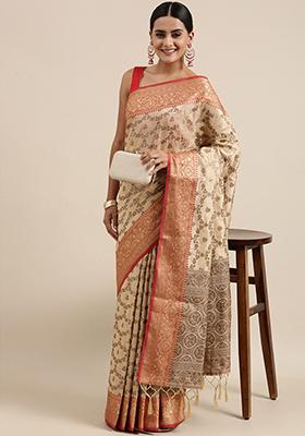 Beige Zari Woven Design Cotton Saree Set
