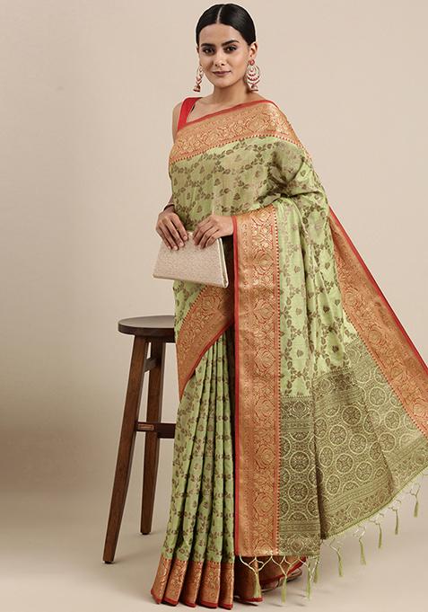 Green Zari Woven Design Cotton Saree Set