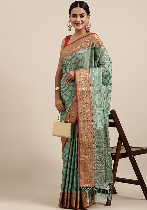 Sea Green Zari Woven Design Cotton Saree Set