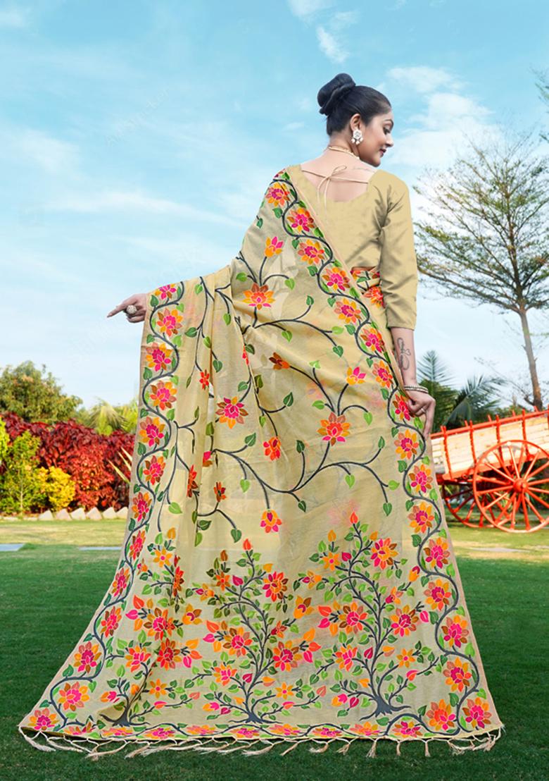 Beige Floral Woven Design Soft Cotton Saree Set