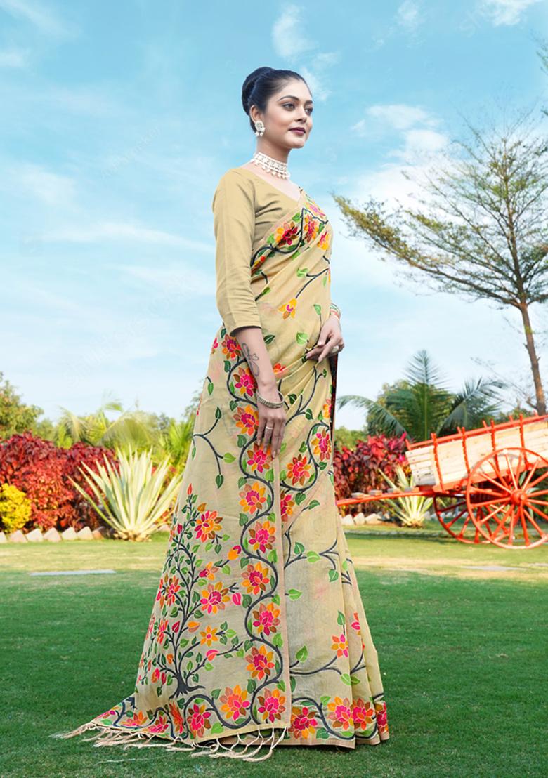 Beige Floral Woven Design Soft Cotton Saree Set
