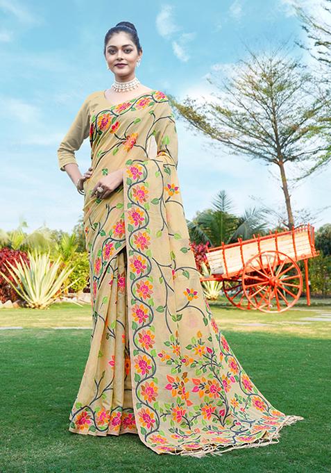 Beige Floral Woven Design Soft Cotton Saree Set