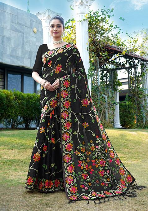 Black Floral Woven Design Soft Cotton Saree Set