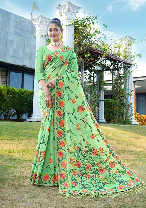 Green Floral Woven Design Soft Cotton Saree Set