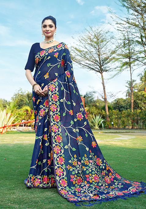 Navy Blue Floral Woven Design Soft Cotton Saree Set