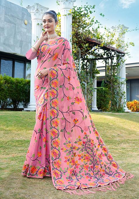 Pink Floral Woven Design Soft Cotton Saree Set