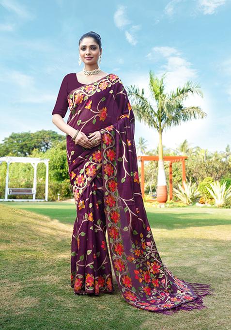 Wine Floral Woven Design Soft Cotton Saree Set