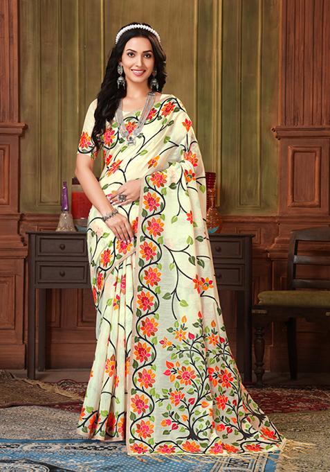 Off White Floral Woven Design Soft Cotton Saree Set