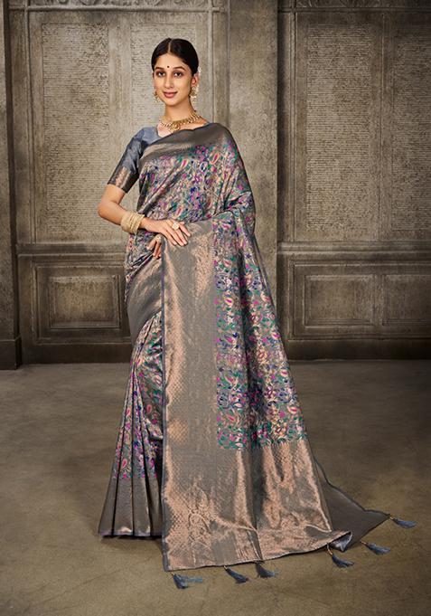 Grey Zari Woven Design Art Silk Saree Set