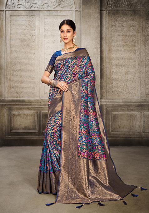 Navy Blue Zari Woven Design Art Silk Saree Set