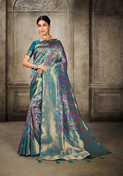 Turquoise Zari Woven Design Art Silk Saree Set