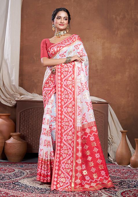 Red And White Woven Design Chanderi Cotton Saree Set