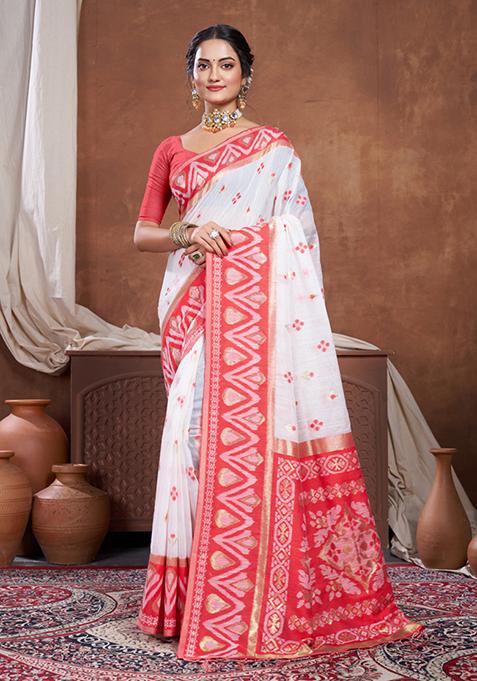 Red And White Woven Work Chanderi Cotton Saree Set