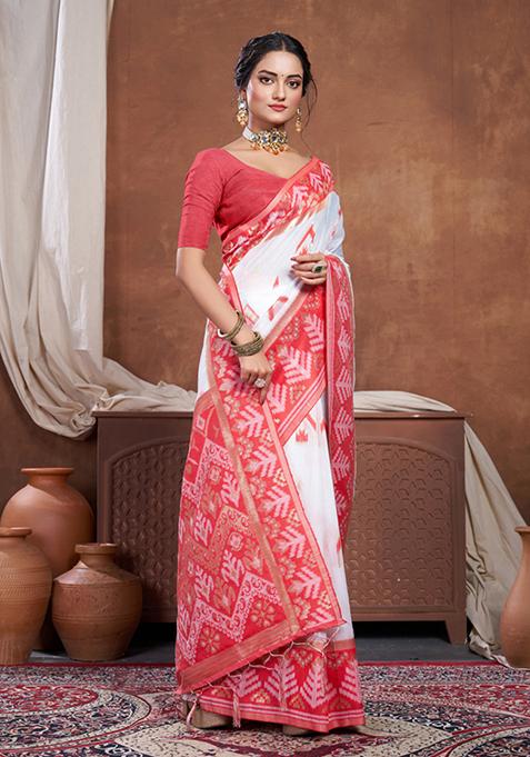 Red And White Woven Chanderi Cotton Saree Set