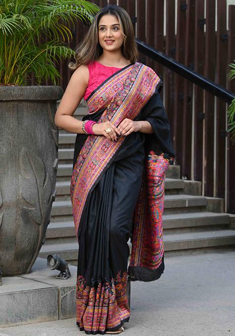 Black Woven Soft Modal Silk Saree Set