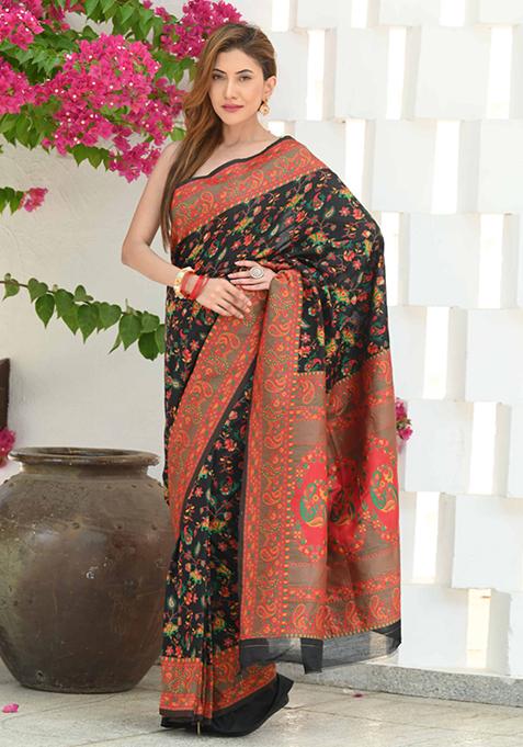 Black Floral Woven Design Soft Modal Silk Saree Set