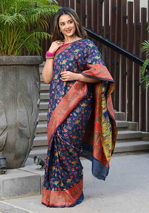 Navy Blue Floral Woven Design Soft Modal Silk Saree Set