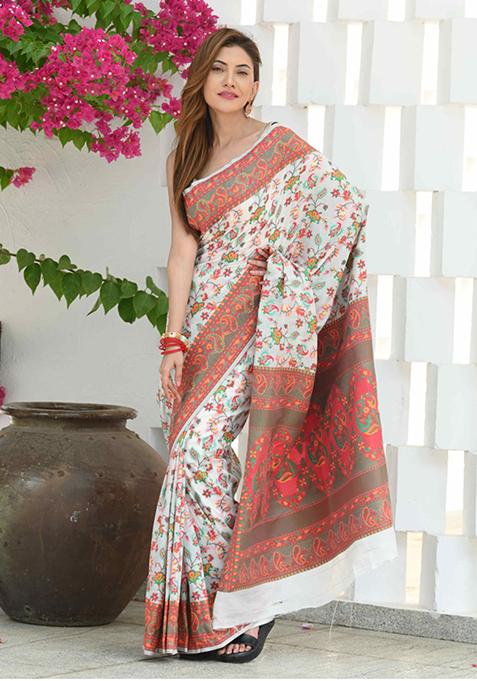 White Floral Woven Design Soft Modal Silk Saree Set