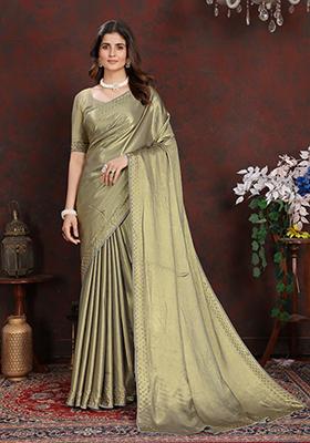 Green Embellished Satin Silk Saree Set