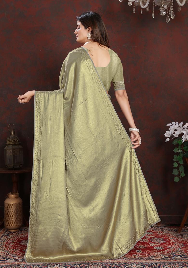 Green Embellished Satin Silk Saree Set