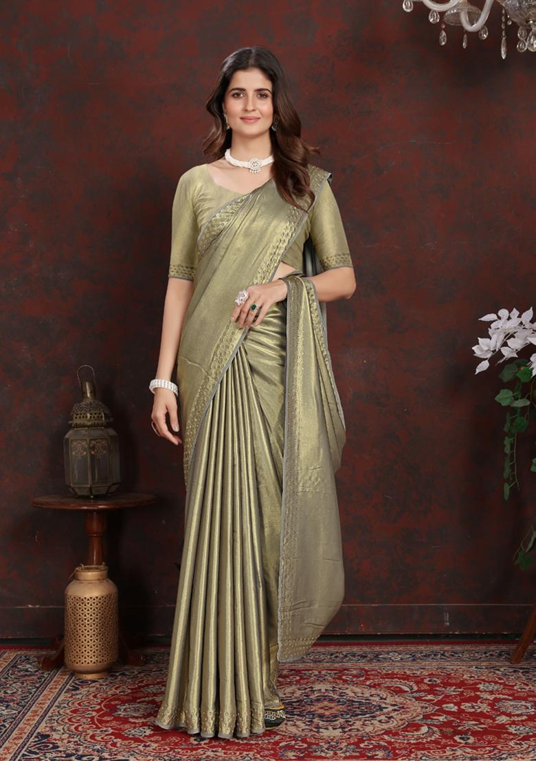 Green Embellished Satin Silk Saree Set