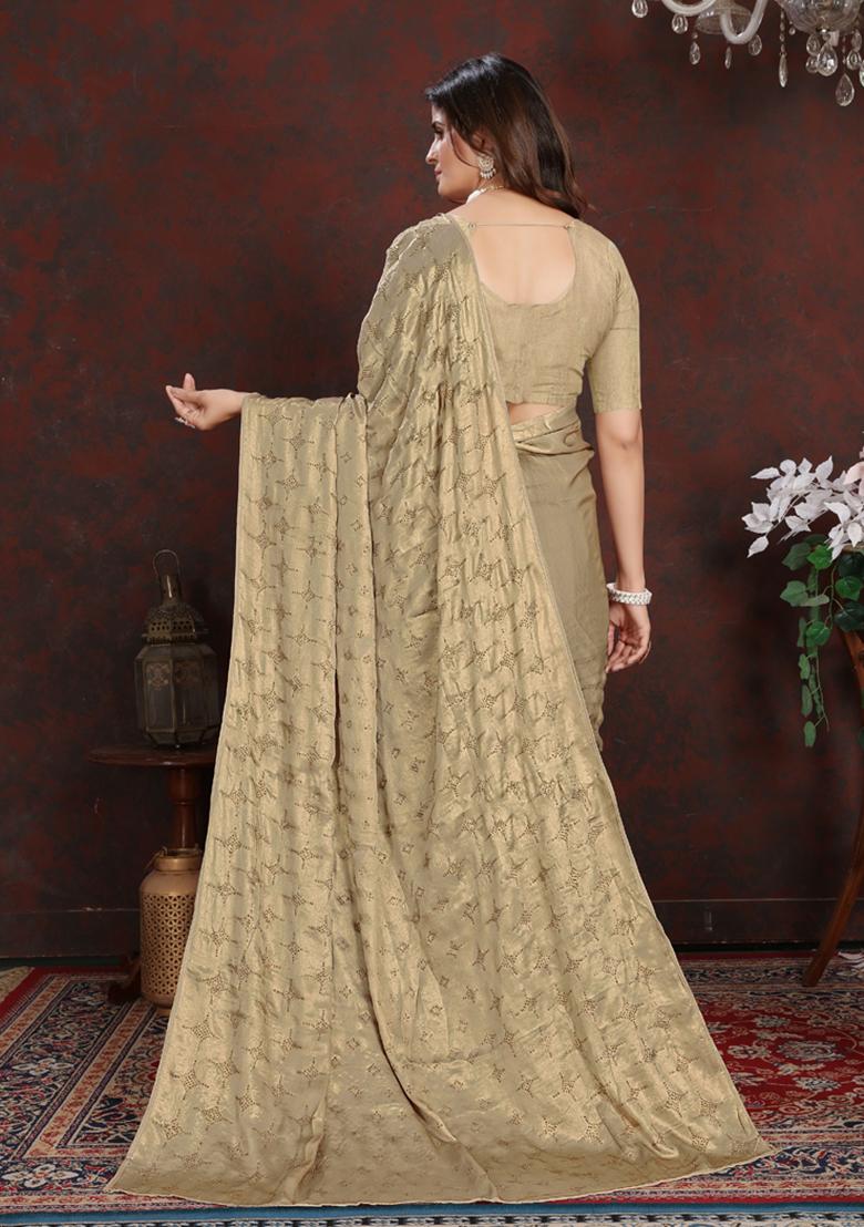 Golden Embellished Satin Silk Saree Set