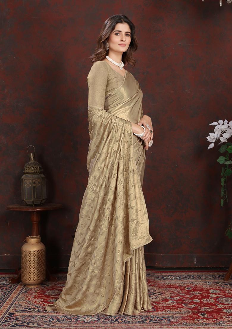 Golden Embellished Satin Silk Saree Set