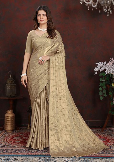 Golden Embellished Satin Silk Saree Set