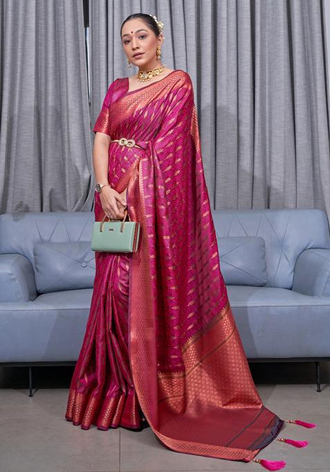 Rani Pink Zari Woven Silk Saree Set