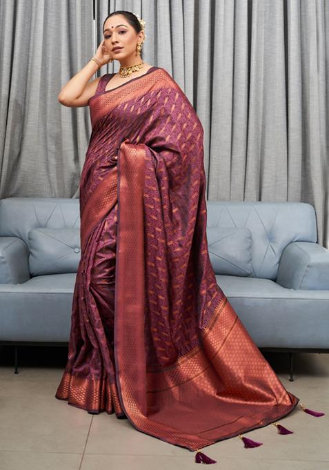 Dark Magenta Zari Woven Silk Saree Set