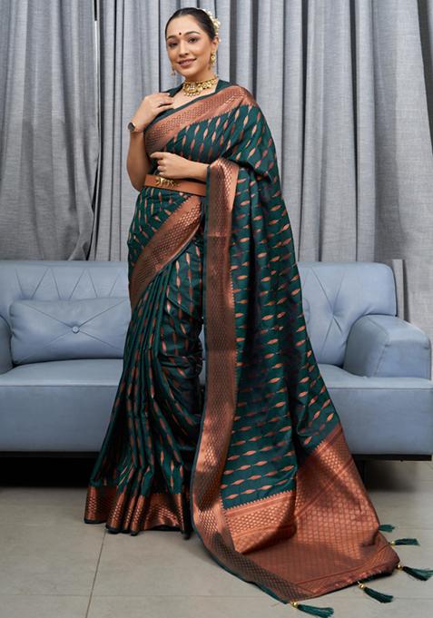 Dark Teal Zari Woven Silk Saree Set