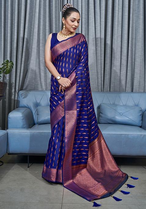 Blue Zari Woven Silk Saree Set